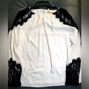 100% Silk Alice + Olivia Classic Stylish Blouse with Sheer Black Lace Panels
